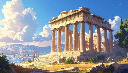 Fototapeta premium Ruined ancient temple atop hill with clouds and blue sky. Distant city and mountains in background. Soft color palette
