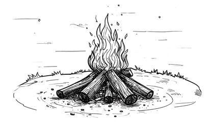 Sketchy campfire illustration with flickering flames, arranged logs, on a sandy surface, with sparse grass tufts