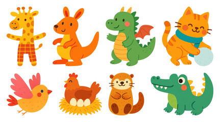 PNG Colorful cartoon animal illustrations, element set on transparent background