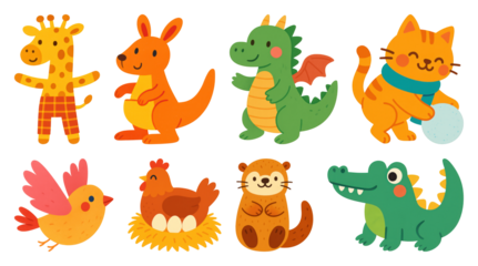 PNG Colorful cartoon animal illustrations, element set on transparent background
