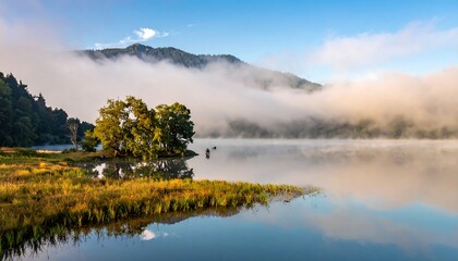 Scenic landscape featuring a calm lake reflecting clouds and trees, framed by mountains veiled in mist
