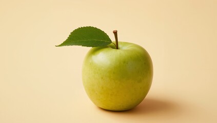 Solitary Apple Green Orb with Leaf, a Simple Still Life on Creamy Backdrop.