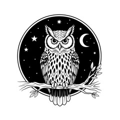 Owl Sitting on Branch Illustration – Nocturnal Bird Vector with Moon and Stars