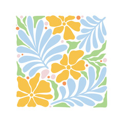Vibrant Floral Pattern with Yellow Flowers and Blue Leaves.