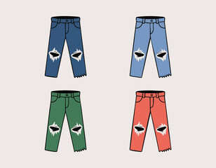 Cartoon style Four pairs of ripped jeans in blue light blue green and coral in a quadrangle pattern
