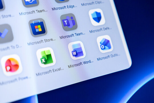 Poznan, Poland - October 16, 2025: Microsoft Word, Excel, Teams, Store, Outlook applications on digital screen, crucial for business productivity