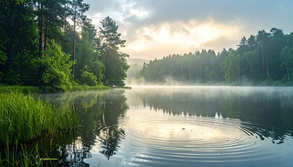 Misty lake with concentric water ripples framed by a forest under a soft, cloudy sky at dawn