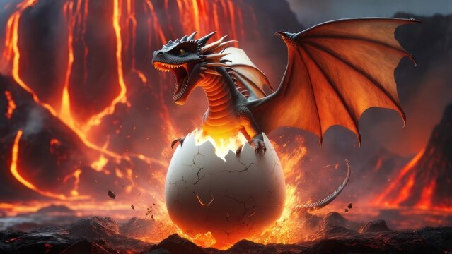 Baby dragon hatching from egg amidst fiery volcanic landscape