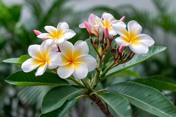 Fototapeta premium Plumeria blossoms with white and yellow tropical petals