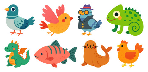 Fototapeta premium PNG Colorful cartoon animal illustrations, element set on transparent background