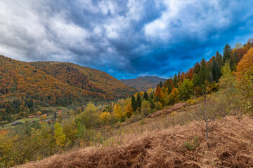 Panoramic view of autumn Carpathian mountains under cloudy sky