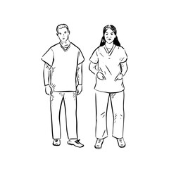 Male and female nurse in scrubs. Black and white hand drawn illustration.