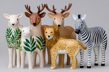 Hand painted wooden animal figurines representing wild species