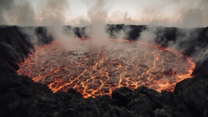 Dramatic View of a Volcanic Crater with Molten Lava and Rising Smoke.
