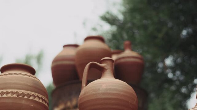 Pots Arranged on the Wall. Panoramic Video Shoot