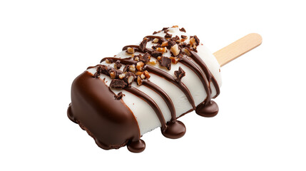 Obraz premium Chocolate Drizzled Ice Cream Bar on Stick on Transparent Background