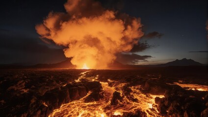 Dramatic Volcanic Eruption with Fiery Lava Flow at Night.