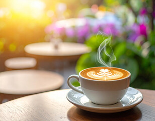 hot latte coffee put on table in cafe restaurant, drink breakfast in the morning day