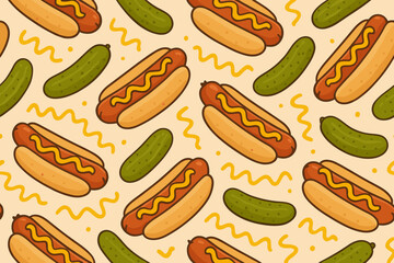 Seamless hot dog and pickle pattern with mustard swirls