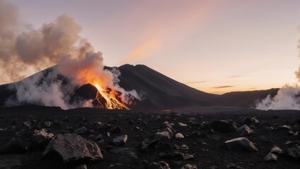 Dramatic Volcanic Eruption with Fiery Lava Flow and Ash Plume at Sunset.