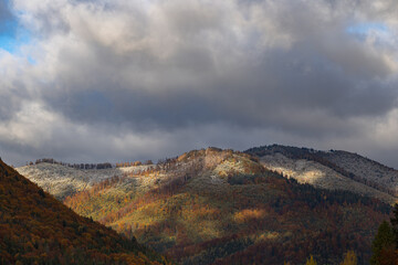 First snow covering autumn forest on mountain slope