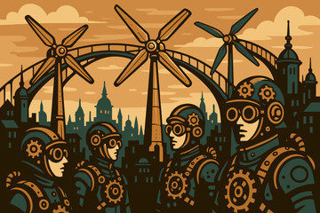 Fototapeta premium Steampunk Wind City – Gear-Clad Figures in an Industrial Fantasy World