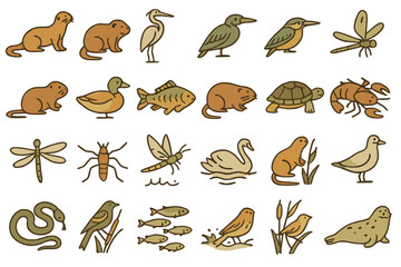 Obraz premium Hand-drawn wetland animal icon set on warm gradient background