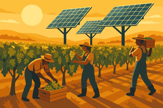Workers harvesting grapes in solar-powered vineyard at sunset