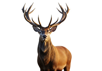 A majestic red deer stag with magnificent antlers looking at the camera, isolated on a white background