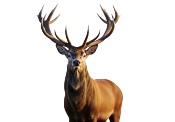 A majestic red deer stag with magnificent antlers looking at the camera, isolated on a white background