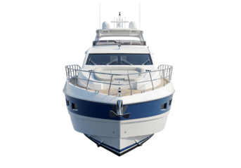 Front View of a Luxurious Blue and White Motor Yacht Isolated on a Pristine White Background, Showcasing Elegant Design and Powerful Sea Travel