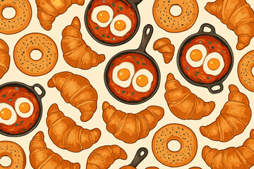 Seamless breakfast pattern with croissants, bagels, and eggs