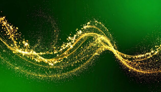 Swirling golden particles flow against a dark green background, creating a dynamic, luminous wave effect