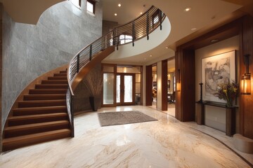 Luxurious entryway features a curved wooden staircase and marble flooring.