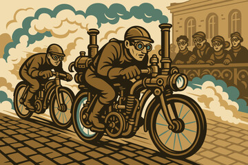 Steampunk motorbike race with spectators on cobbled street, vector