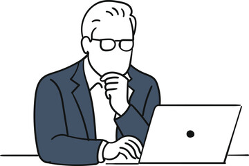 Line Art Businessman Thinking and Working on Laptop