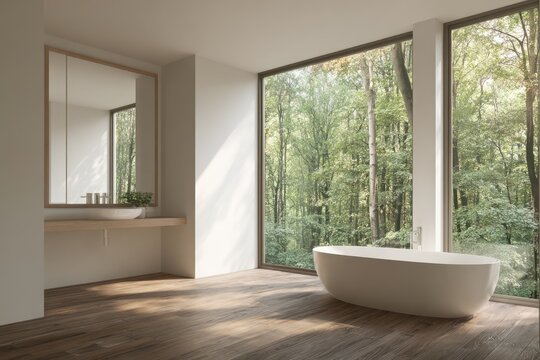 Fototapeta Modern bathroom features a freestanding tub beside large windows overlooking a forest.