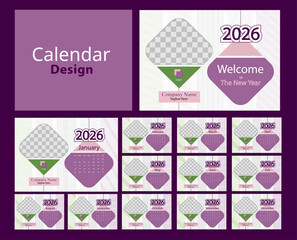 Desk calendar design with a set of 12 months of the year 2026. The calendar template is designed with lavender and green colours with minimal design.