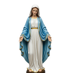 Statue of Virgin Mary with delicate features dressed in flowing blue and white robe displayed in serene environment