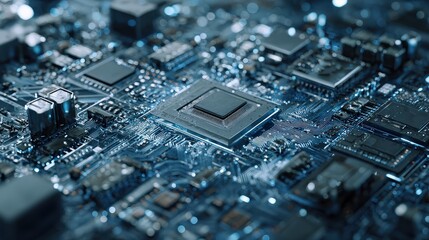 A close-up view of a complex circuit board featuring microchips, capacitors, and intricate connections, showcasing modern technology.