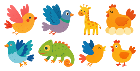 PNG Colorful cartoon animals collection, element set on transparent background