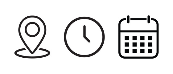 Address, time, date symbols vector. Calendar, Location pin, Clock icons. Event icon set.
