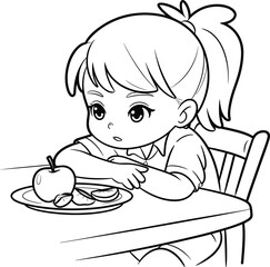 Child Looking at Plate of Fruit Line Drawing Vector for Nutrition, Healthy Eating, Mealtime Behavior, Black and White Sketch Illustration