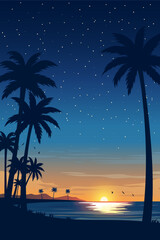 Tropical night beach with stars, palm trees, and sunset over the ocean. Relaxing summer evening vector illustration for party, travel, vacation, or resort themes