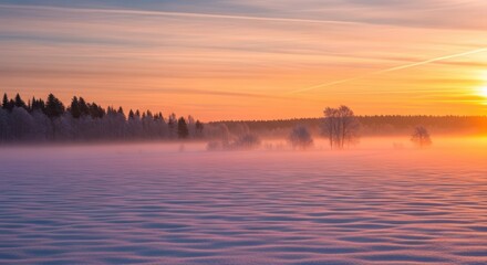 Sunrise Over Snowy Forest Landscape with Mist and Pink Orange Sky