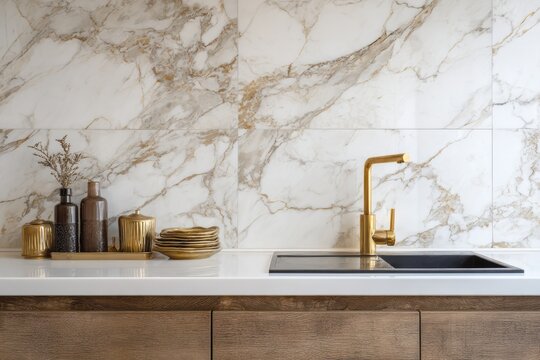 Gold faucet and decorative items adorn a marble kitchen backsplash.