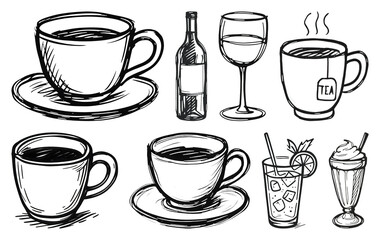 Obraz premium PNG Hand-drawn beverage illustrations collection, element set on transparent background