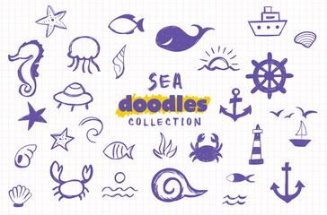 Hand-Drawn Sea Doodles Collection &ndash; Marine Animals, Nautical Icons & Ocean Elements on Grid Background