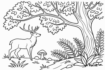 A serene woodland scene featuring a majestic stag standing among detailed oak trees, ferns, and various mushrooms, line art, coloring book page for adults, single continuous black line on white backgr
