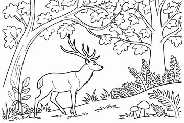 A serene woodland scene featuring a majestic stag standing among detailed oak trees, ferns, and various mushrooms, line art, coloring book page for adults, single continuous black line on white backgr